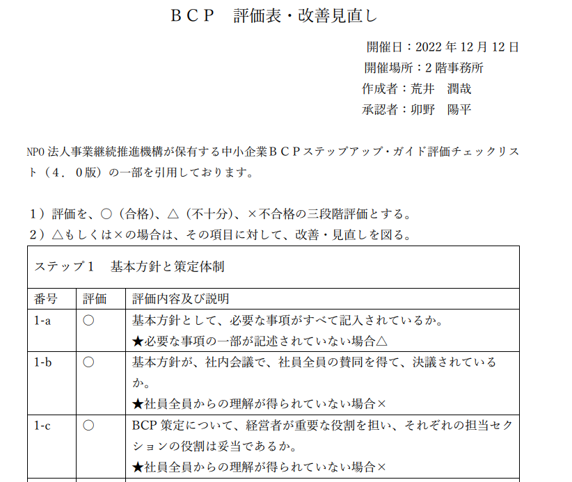 BCP策定　その７　【維持改善・教育訓練計画】